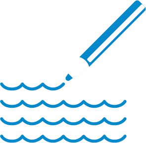 A blue marker draws four rows of wavy lines, resembling water waves, on a white background.