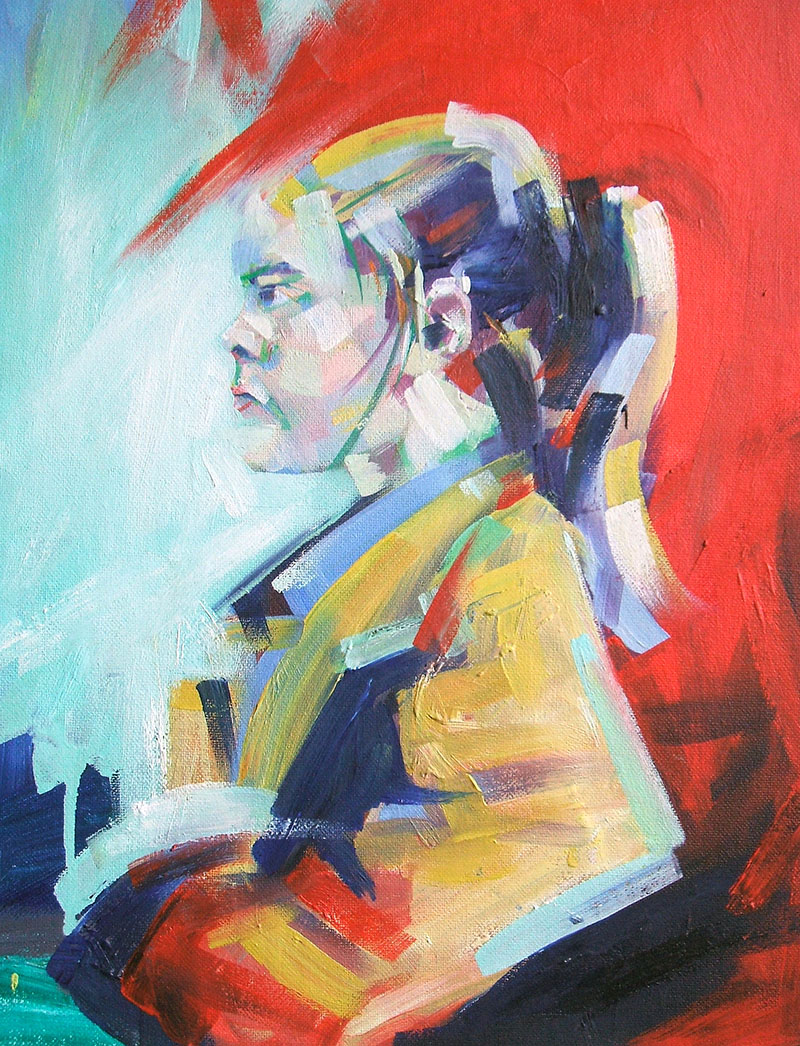 Abstract painting of a person in profile with a ponytail, featuring bold brushstrokes and vivid colors such as red, turquoise, yellow, and blue, against a red and teal background.