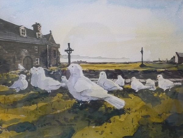 Watercolor painting of white seagulls resting on grassy ground near a stone building and cemetery crosses, with a calm, cloudy sky and distant landscape in the background.