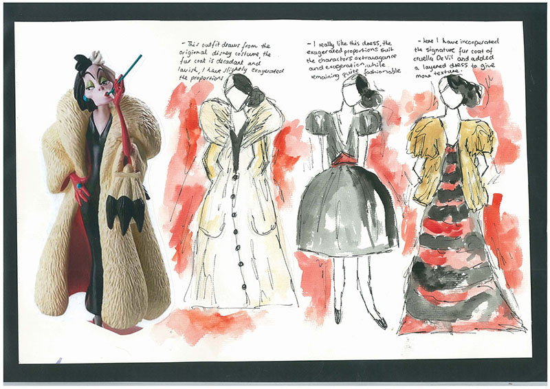 Fashion design sketchbook page featuring Cruella de Vil on the left in a fur coat, and three illustrated dress designs with handwritten notes on a background of red and black watercolor brushstrokes.