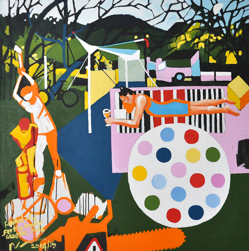 A colorful painting shows two people outdoors: one stands stretching, another lies on a striped mat holding a drink. A large polka-dot ball, tents, trees, and hills fill the vibrant, playful background.