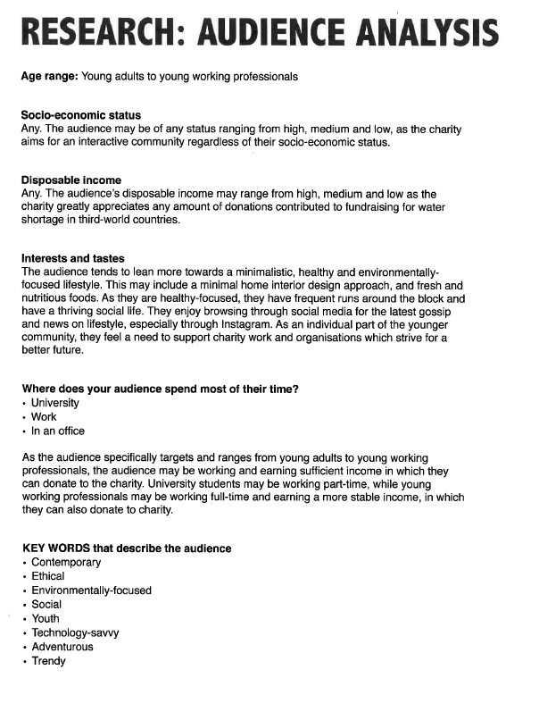 A printed research document titled Audience Analysis outlines age range, socio-economic status, disposable income, interests, and information sources for young working professionals. Bullet points and bold headings organize the content.