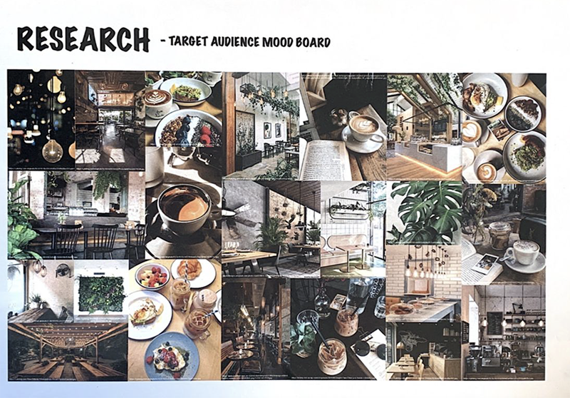 A mood board labeled RESEARCH - TARGET AUDIENCE MOOD BOARD featuring a collage of cozy coffee shop interiors, plants, coffee drinks, desserts, and inviting dining spaces, conveying a warm and modern café vibe.
