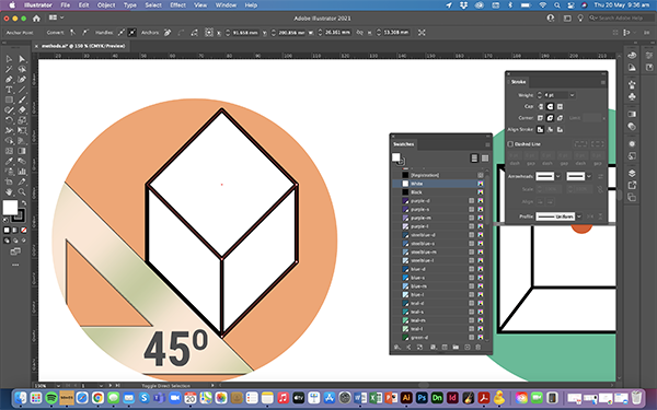 Screenshot of Adobe Illustrator showing a geometric design with a cube, a 45-degree angle, and overlapping circles. Various tool panels and layer options are open on the workspace.