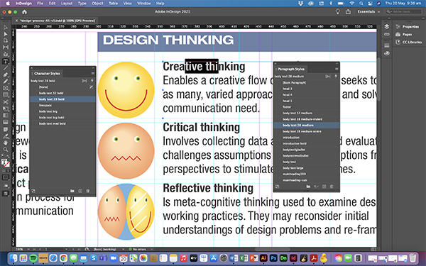Screenshot of Adobe InDesign with a document on Design Thinking. The screen shows three sections: Creative, Critical, and Reflective thinking, each with an emoji face and text descriptions. Editing tools and panels are open.