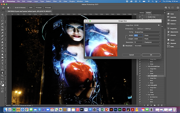 A computer screen displays Adobe Photoshop with an image of a woman holding a large red apple. The Image Size dialog box is open in the center, showing image dimensions and settings.