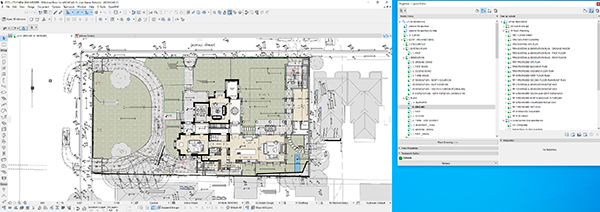 Screenshot showing architectural floor plans in a CAD software on the left and a project explorer or file management panel with a list of files on the right, all displayed on a computer desktop.