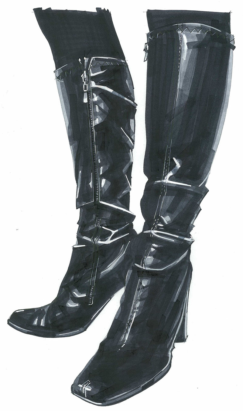 A fashion illustration of tall, black, glossy high-heeled boots with pointed toes and visible front zippers, depicted with highlights to show the shiny material.