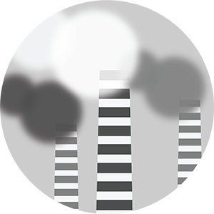 Black and white image of three striped smokestacks emitting dark smoke, with a large sun or moon and clouds in the background.