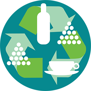 A white bottle, clusters of grapes, and a cup are overlaid on a green recycling symbol, set against a teal background, suggesting recycling or sustainability in food and drink.