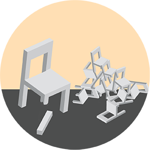 A large white chair stands upright with one leg missing; the broken leg is on the ground nearby. Several smaller white chairs are collapsed in a scattered pile next to it, against a beige and gray background.