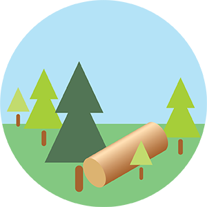 A stylized illustration of a forest with several green pine trees and a cut tree log lying on the grass under a clear blue sky.