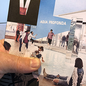 A hand holds a collage featuring people near a pool, some sitting and others standing, with the words AQUA PROFONDA on a blue background in the upper right corner.