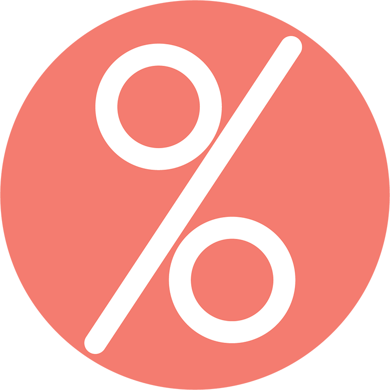 A white percentage symbol (%) centered on a circular coral-colored background.