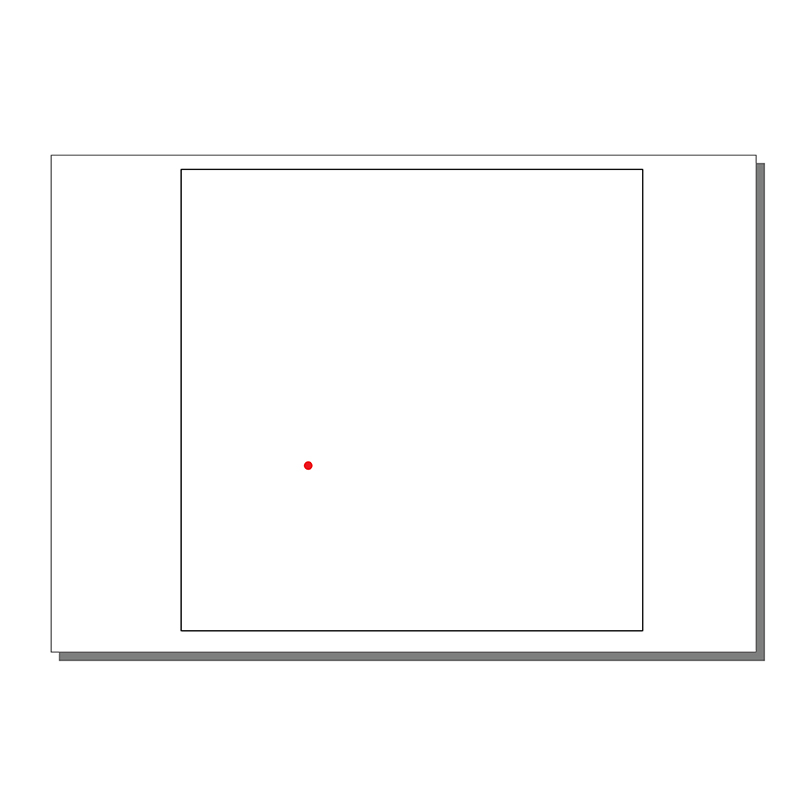 A small red dot is positioned inside a large, centered square, which is itself inside a slightly offset rectangle with a drop shadow on a white background.
