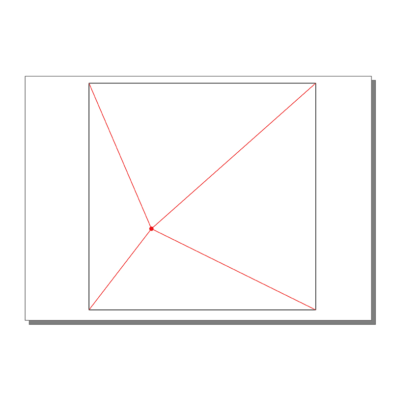 A white rectangle with a centered square inside. Red lines connect the bottom left and top left corners to the bottom right and top right corners, all meeting at one point inside the square.