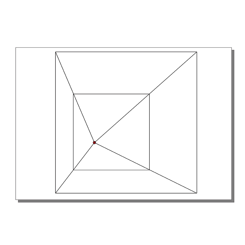 A geometric drawing of a square within a square, connected by diagonal and straight lines, converging at a red dot near the bottom left of the center. The image is on a white background with a slight drop shadow.
