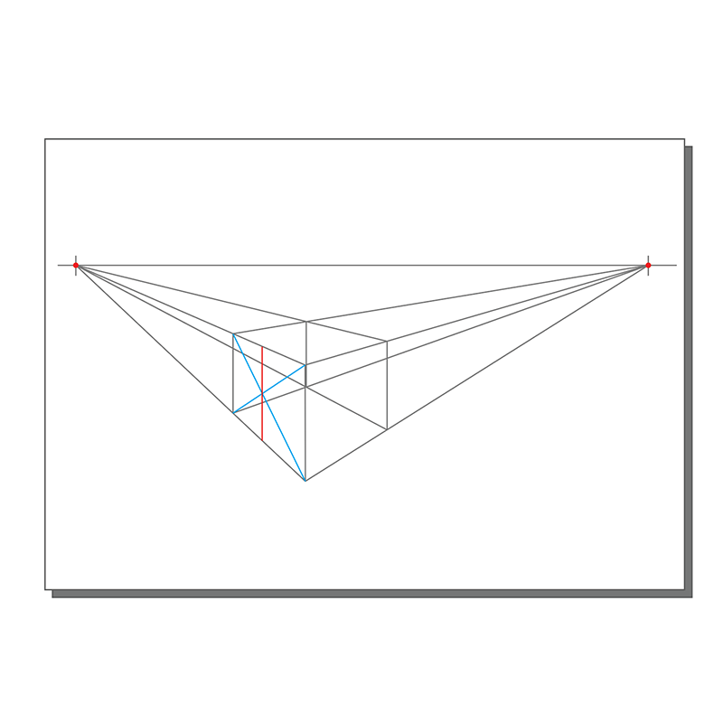 A geometric drawing showing a rectangular box in two-point perspective, with vanishing points marked in red on the horizon line and perspective lines converging toward them. Blue and red lines highlight edges of the shape.