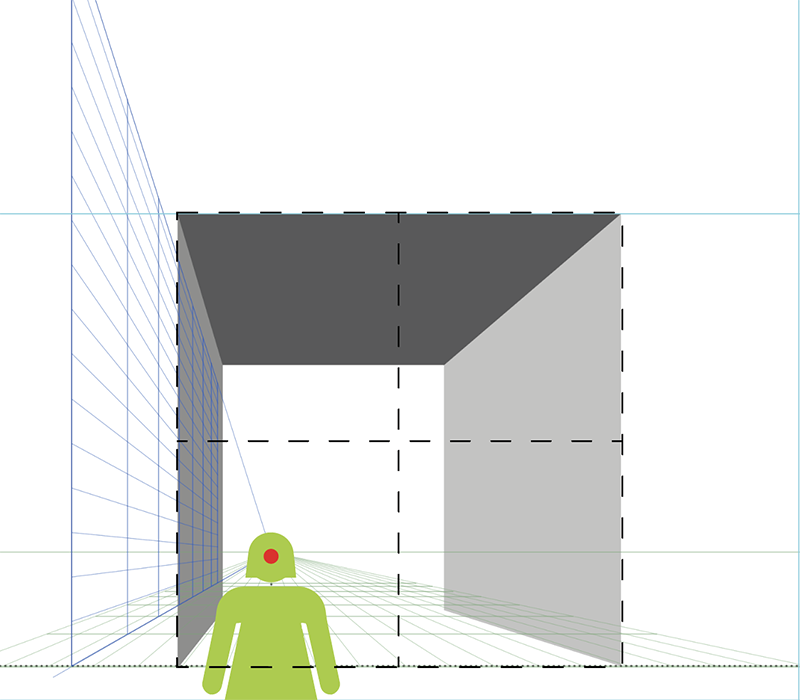 Diagram showing a green figure facing a large, dark-shaded cube, with perspective lines converging toward the horizon, illustrating a one-point perspective view.