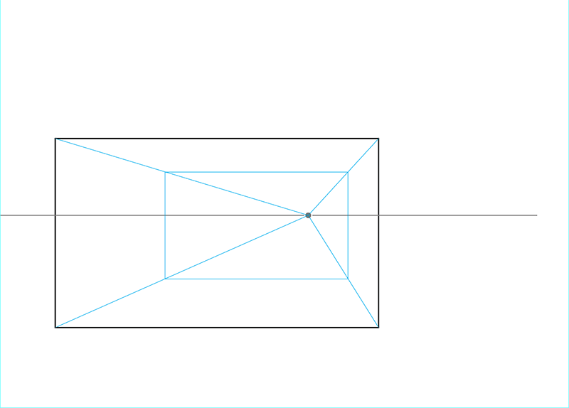 A diagram showing one-point perspective: a black rectangle, a blue vanishing point at its center, blue lines extending from the point to the corners, a blue inner rectangle, and a horizontal gray line through the point.