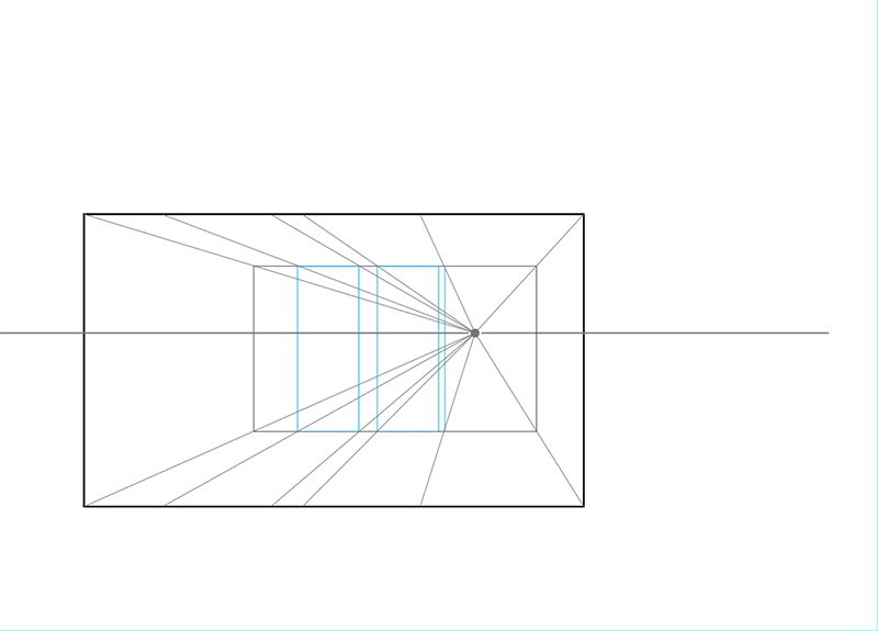 A one-point perspective drawing shows a rectangle within a rectangle, with lines converging at a single vanishing point on the horizon to illustrate depth and perspective.