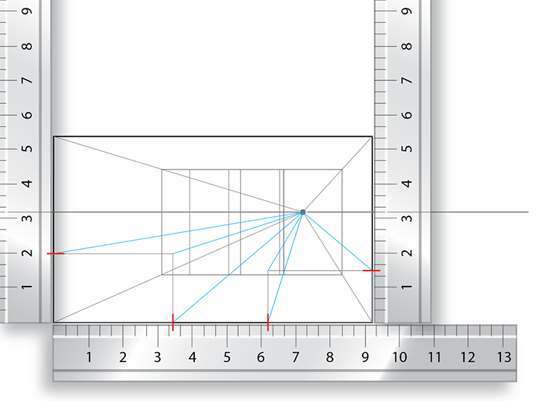 A drawing of a rectangular box in two-point perspective, overlaid with blue perspective lines converging at a vanishing point, with two metal rulers positioned vertically and horizontally along the edges of the box.