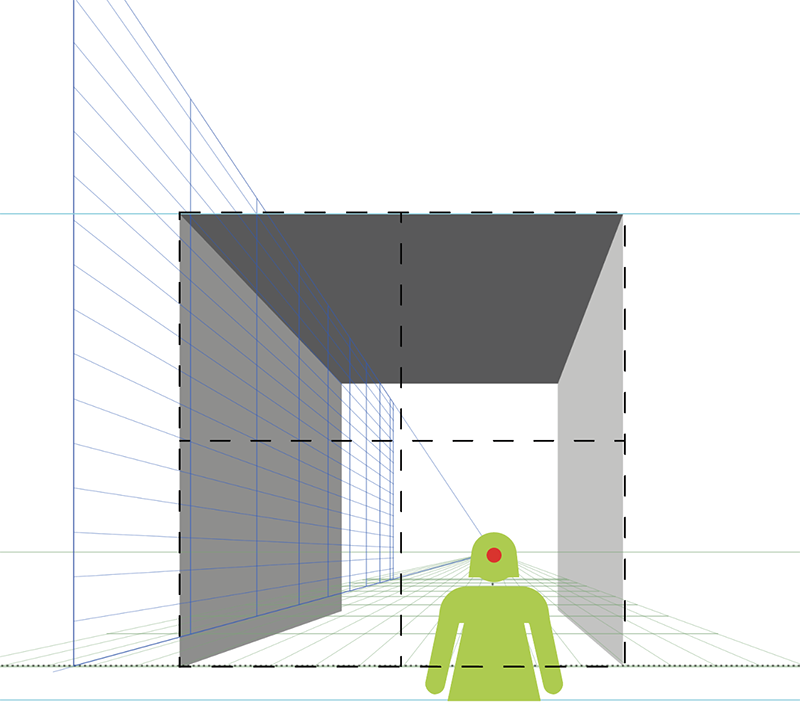 A simplified diagram showing a person standing in front of a box-shaped structure, with perspective lines and grids illustrating depth and vanishing point in architectural drawing.