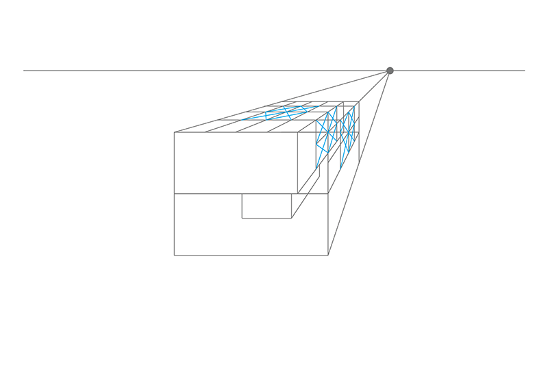 A geometric drawing shows a cube in perspective with grid lines receding to a single vanishing point on the horizon. Blue lines highlight squares on the upper and side faces of the cube.