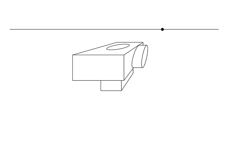 A simple black and white line drawing of a rectangular object with a circular lens and a small circular hole on top, positioned below a horizontal line with a dot on it.