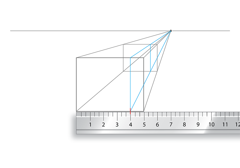 A diagram of a cube in one-point perspective, with a ruler placed in front of the cube, demonstrating vanishing lines converging at a single point on the horizon.