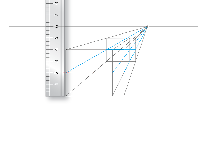A clear ruler aligned vertically at the left edge of a one-point perspective drawing, showing blue lines converging toward a vanishing point on the horizon and creating a series of cubes.