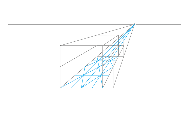 A geometric perspective drawing shows cubes aligned in space, converging to a single vanishing point on the horizon, with blue lines demonstrating depth and angles toward the vanishing point.