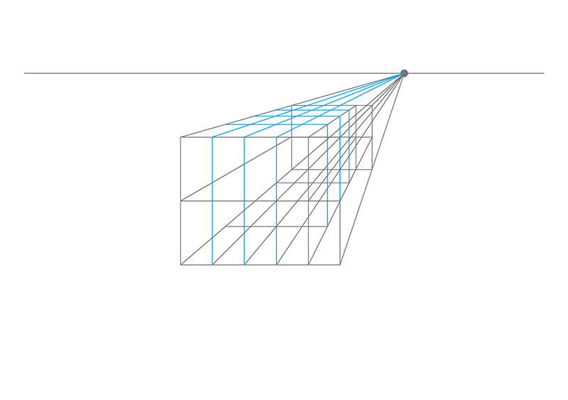 A geometric drawing of a cube and grid lines extending from the cube to a single vanishing point on a horizontal line, illustrating one-point perspective.