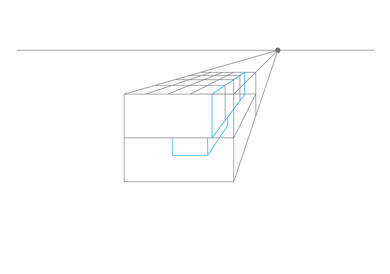 A geometric drawing showing rectangles and grids in perspective converging toward a single vanishing point on a horizontal line. Blue lines illustrate the projected forms within the perspective framework.
