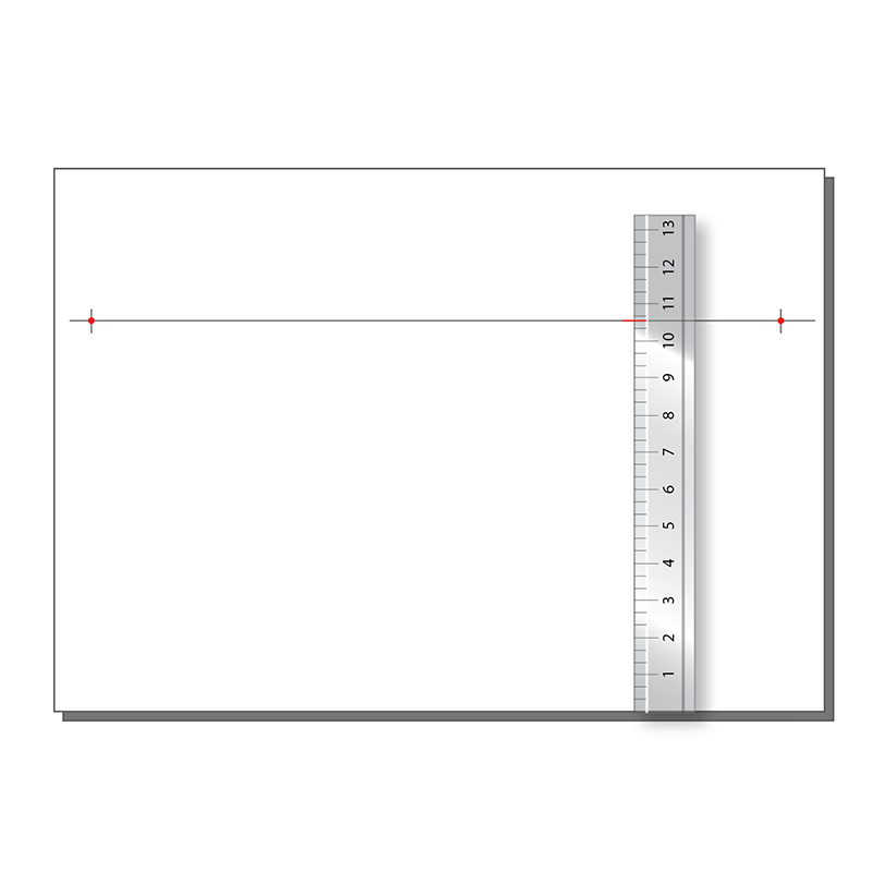 A ruler is placed vertically on a sheet of paper with a horizontal line and two red marks on the line, one near each end. The ruler measures up to 13 centimeters.