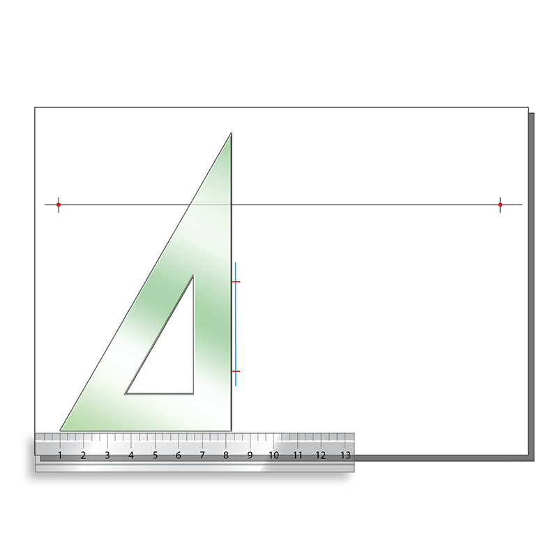 A ruler and a green triangle set square are used to draw a straight, horizontal line across a white sheet of paper. The ruler is aligned with the paper’s bottom edge, and the line is marked at two points.