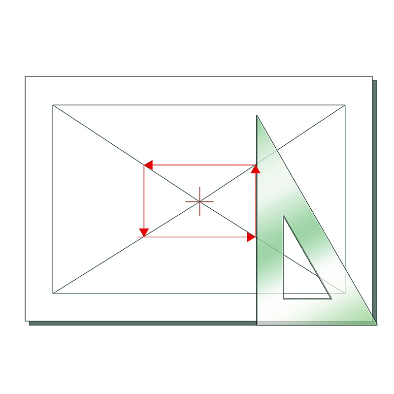 A drawing of a rectangle with diagonal and center lines, red arrows marking the center area, and a transparent green triangle overlay on the right side.