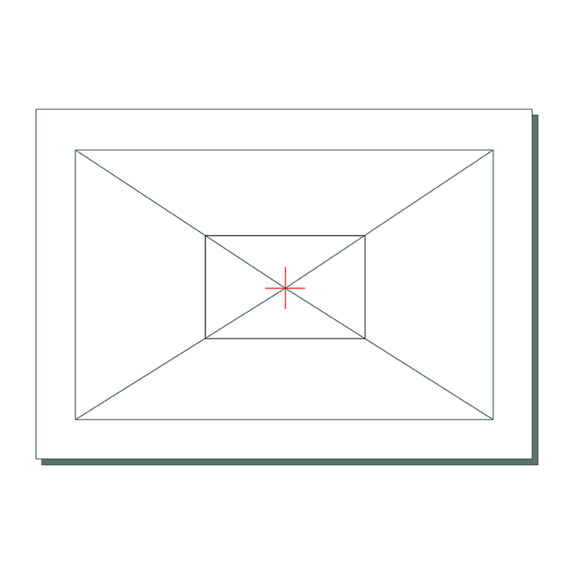 A white rectangle with diagonal lines from each corner meeting at a red plus sign in the center. A black shadow appears along the bottom and right edges of the rectangle.
