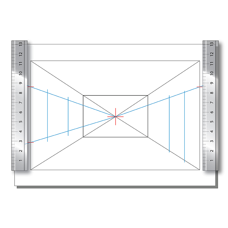 A perspective drawing guide with rulers on both sides, showing two-point perspective lines in black, vanishing points connected by blue lines, and a red center mark on a white background.