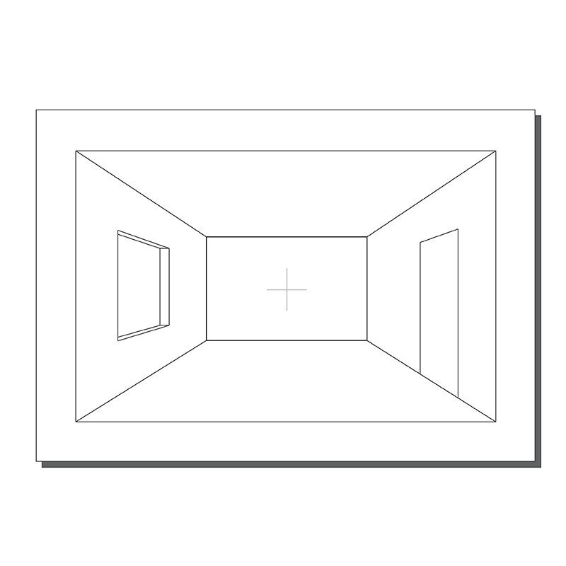 A simple line drawing of a rectangular room viewed from above, with one window on the left wall, one door on the right wall, and a cross symbol at the center of the back wall.