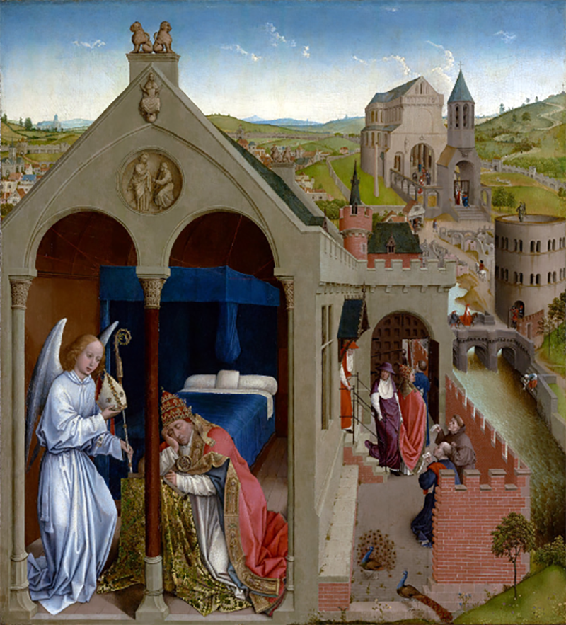 A Renaissance painting shows an angel visiting a kneeling pope inside a building, with a cityscape, cathedral, and people engaged in various activities outside in the background.