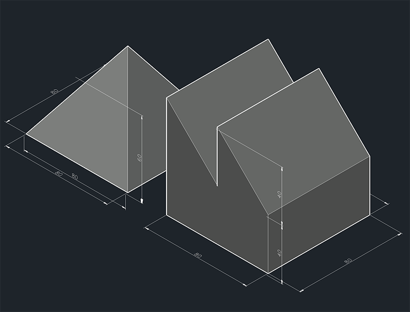3D isometric drawing of two gray geometric shapes, one a rectangular prism with two sloped roofs, the other a pyramid, each with labeled dimensions 80, 50, and 40 units on a black background.