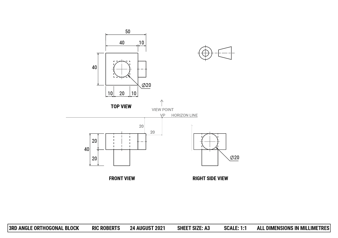 3rd angle orthogonal block drawing showing top, front, and right side views with dimensions in millimetres. Contains a labeled center hole and rectangular features, with scale 1:1 on A3 sheet.