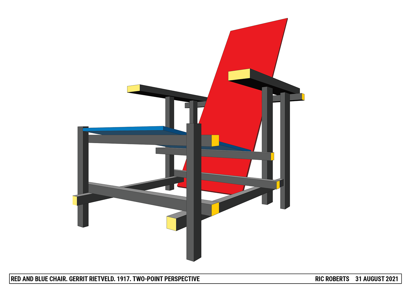 Illustration of Gerrit Rietveld’s red and blue chair in two-point perspective, featuring a red backrest, blue seat, and black frame with yellow accents at the joints. Text labels the title, artist, and date.