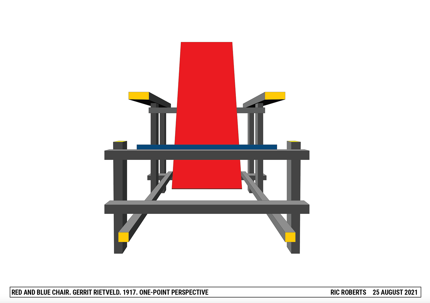 A digital illustration of Gerrit Rietvelds Red and Blue Chair, shown in one-point perspective with geometric shapes and bold colors: red, blue, yellow, and black. The view is from the front, emphasizing the chairs structure.
