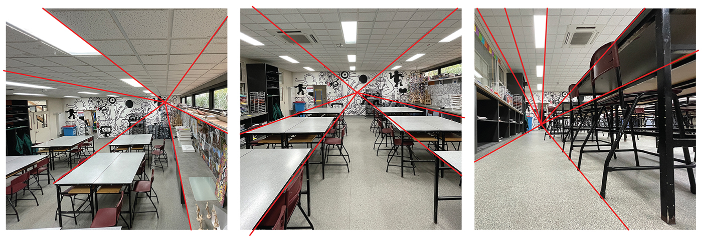 Three photos of a classroom from different angles, each with red lines showing perspective lines converging toward a vanishing point. The classroom has tables, chairs, and art on the walls.