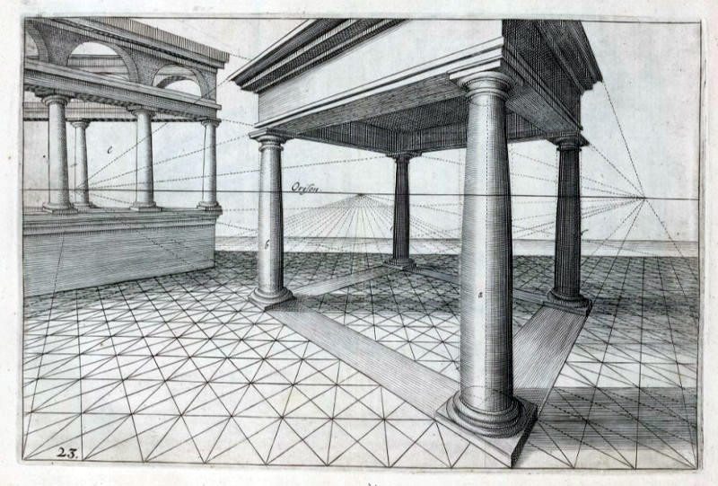 Black and white architectural drawing showing columns, arches, and a geometric tiled floor, demonstrating linear perspective with multiple vanishing points and lines converging toward the central horizon.