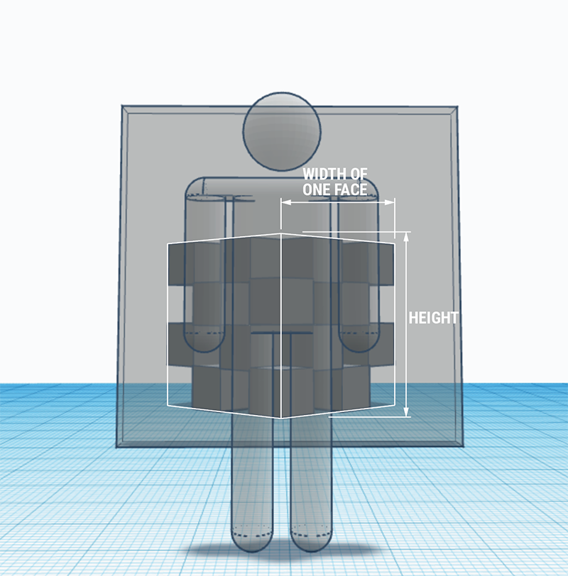A diagram of a simplified human figure inside a transparent cube, showing measurements labeled Width of One Face and Height on the front face of the cube.
