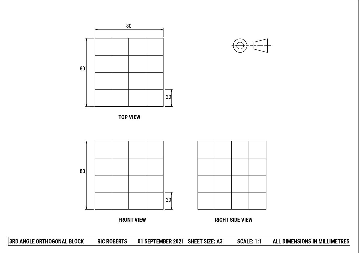 Orthogonal block technical drawing shows top, front, and right side views. Each view displays a grid of 16 squares, each 20mm, with overall dimensions of 80mm x 80mm. Dimensions and view labels are included.