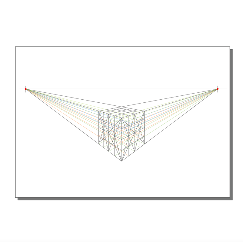 A geometric drawing of a cube in two-point perspective with colored lines extending from the cube’s corners to two vanishing points on either side of the horizon line.